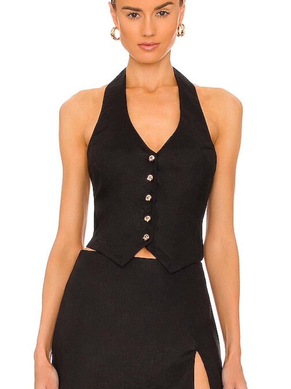 Amanda Uprichard Black Halter Button-Front Crop Vest